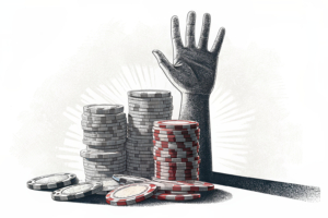 A towering stack of fading digital casino chips under the shadow of a rising hand imposing a limit.