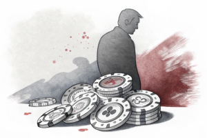 A large, looming shadow casts over a group of fading digital gambling chips, symbolizing the impact of self-exclusion on reducing gambling harm.