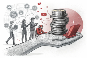 A digital hand holds a fading stack of virtual coins, while a growing number of abstract figures engage with various online gaming platforms.