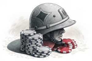 A military helmet sits atop a stack of casino chips, as a shadow looms over the gambling table.
