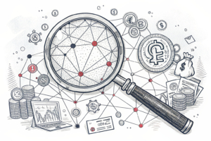 A large magnifying glass hovers over a tangled web of digital transactions, revealing hidden connections and patterns within.