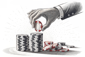 A towering hand gently lifts a fading stack of digital chips, symbolizing a narrowing loss in the integrated resort business.