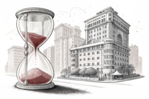 A towering hourglass with sand pouring faster on one side than the other, symbolizing the shifting balance of hotel occupancy rates in Macau.