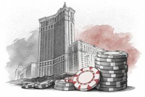A towering hotel rises above a fading stack of digital casino chips, symbolizing the growth and profitability of the integrated resort.