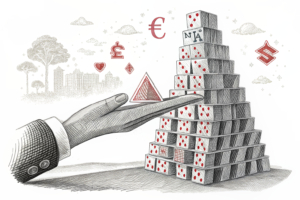 A towering structure of fading digital chips under a descending hand symbolizing a lowered revenue forecast.