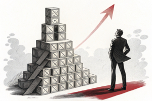 A towering stack of abstract geometric shapes symbolizing revenue growth, with a shadowy figure casting a projection of future profits.