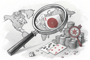 A large magnifying glass hovers over a digital landscape, revealing hidden online gambling activities beneath the surface.