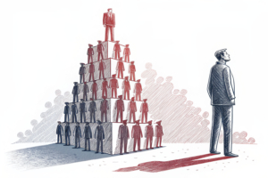 A towering stack of faceless figures representing gaming employees stands tall, while a shadow looms over them, symbolizing the decrease in the sector's workforce.