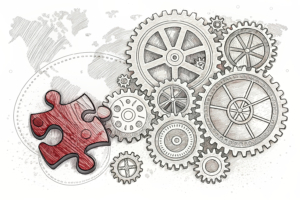 A digital puzzle piece fits seamlessly into a complex network of interconnected gears, symbolizing the integration of technology platforms and global wagering capabilities.