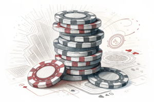 A towering stack of fading digital chips symbolizes the resilience of Macau's premium-mass segment despite a decrease in player numbers.