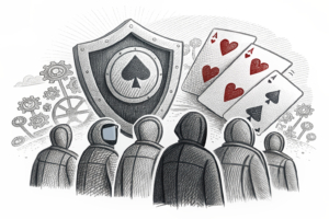 A digital shield blocks a cascade of online gambling symbols from reaching a group of faceless figures.