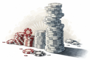 A towering stack of abstract digital chips grows steadily while casting a shadow over a diminishing pile, symbolizing the fluctuating casino sales.