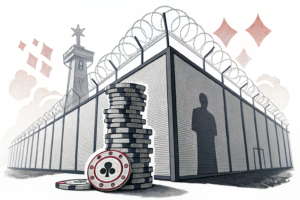 A towering digital barrier separates a glowing stack of abstract shapes from a fading shadowy silhouette, symbolizing the pressure of illegal gambling and high betting taxes on licensed operations.
