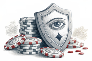 A digital shield surrounds a stack of virtual casino chips, guarded by a vigilant eye, symbolizing international igaming regulation and oversight.