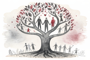A glowing tree of interconnected hands supports a diverse group of abstract figures, symbolizing unity and community support.