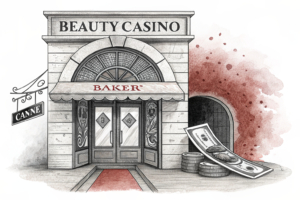 A bakery and beauty salon facade conceals a digital casino platform behind closed doors, with money flowing through a hidden tunnel.