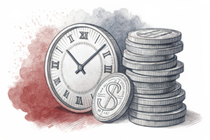 A digital clock ticks down as a stack of fading virtual coins symbolizes the winding down of operations in a foreign market.