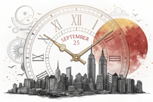 A celestial clock with hands pointing to the dates of September 25 and October 1, casting a golden glow over a bustling cityscape.