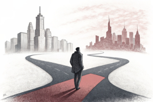 A figure stands at a crossroads, one path leading to a vibrant cityscape while the other fades into obscurity.