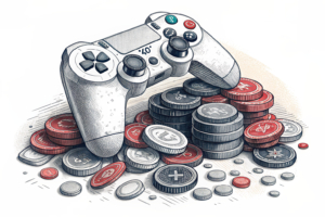 A digital gaming controller emerges from a pool of colorful virtual coins, symbolizing the integration of esports into the realm of legal sports betting.