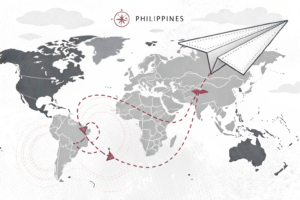 A paper airplane with Chinese characters flies over a map of the Philippines, connecting various airport locations.