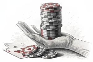 A towering stack of fading digital casino chips is overshadowed by a diminishing hand of fortune.
