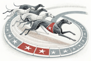 A group of interconnected greyhounds run in a circular track, symbolizing the unity and support of the local greyhound racing community.