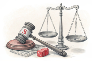 A scale balances between a digital asset and a gavel, symbolizing the debate between market trading and gambling.