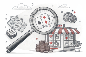 A giant magnifying glass reveals hidden online casino transactions within seemingly unrelated small businesses.