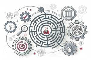 A maze of interconnected gears symbolizes the complex and interwoven challenges faced by reporting entities in implementing AML/CTF reforms.