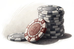 A fading stack of digital casino chips under a looming shadow represents a decline in premium-mass wagering.