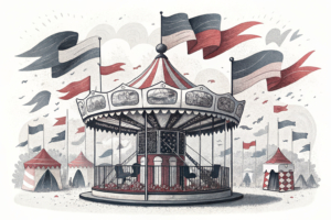 A vibrant carousel spins amidst a sea of colorful flags, symbolizing a city's diverse cultural and sporting events.