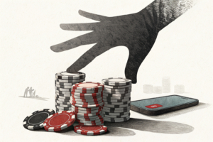 A giant hand casts a shadow over a fading stack of digital gambling chips, symbolizing the crackdown on illegal online gambling.