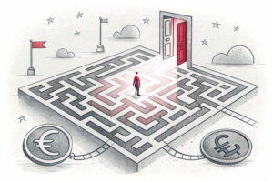 A maze of interconnected digital pathways leads to a glowing exit, symbolizing strategic asset sales and cost savings targets.