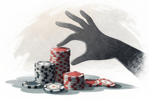A giant hand casts a shadow over a fading stack of digital gambling chips, symbolizing the crackdown on online betting platforms in the country.