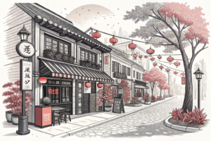 A blend of traditional and modern elements converge in a vibrant street scene where innovative concepts and long-established businesses coexist harmoniously.