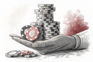 A towering stack of fading digital chips is overshadowed by a looming, unyielding hand.
