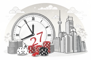 A clock with hands pointing to 2027 looms over a cityscape with fading casino chips, symbolizing the urgency for Hokkaido to accelerate its integrated resort plans.