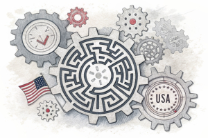A maze of interconnected gears symbolizes the intricate process of entering the US gaming sector through a Nevada-based company.
