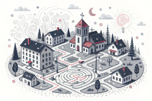 A small town is surrounded by a maze of interconnected neon lights symbolizing the complex process of exploring the possibility of hosting an integrated resort with a casino.