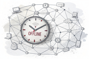 A digital clock with the hands frozen at midnight, surrounded by a web of interconnected devices displaying 'offline' messages.
