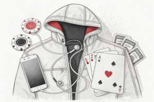 A hidden smartphone and earpiece are concealed in custom clothing, connecting a remote gambler to a live casino game.