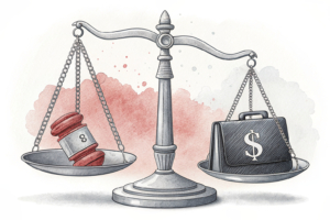 A scale balances between a gavel representing regulation and a briefcase symbolizing commercial operations, with a blurred line between them.