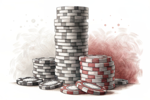 A towering stack of physical casino chips overshadow smaller stacks representing slot machines, sports betting, and online casinos.
