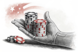 A fading stack of digital gaming chips is overshadowed by a looming, imposing hand, symbolizing the company's struggle to regain its foothold in the North American market.