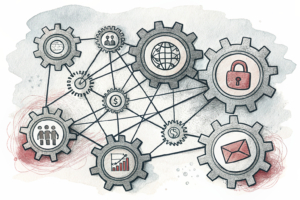 A tangled web of interconnected gears symbolizes the seamless continuation of operations despite the loss of key accreditations.