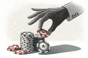 A large hand casts a shadow over a diminishing stack of digital casino chips, symbolizing the potential impact of regulatory changes on investment.