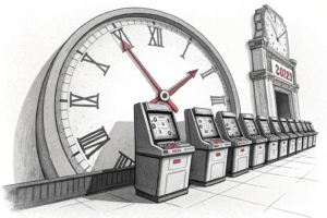 A giant clock hand looms over a row of dormant electronic gaming machines, casting a shadow of restriction.