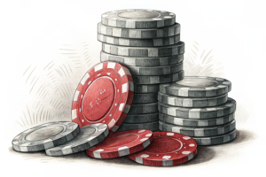 A grand, diminishing stack of dark, polished gaming chips slowly crumbles, while a vibrant, smaller cascade of bright, numerous tokens rises steadily beside it.