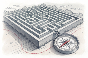 A maze of digital circuits intertwines with a compass pointing towards a new horizon.